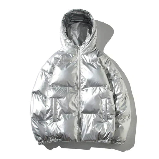 Windproof metallic puffer jacket with a hood