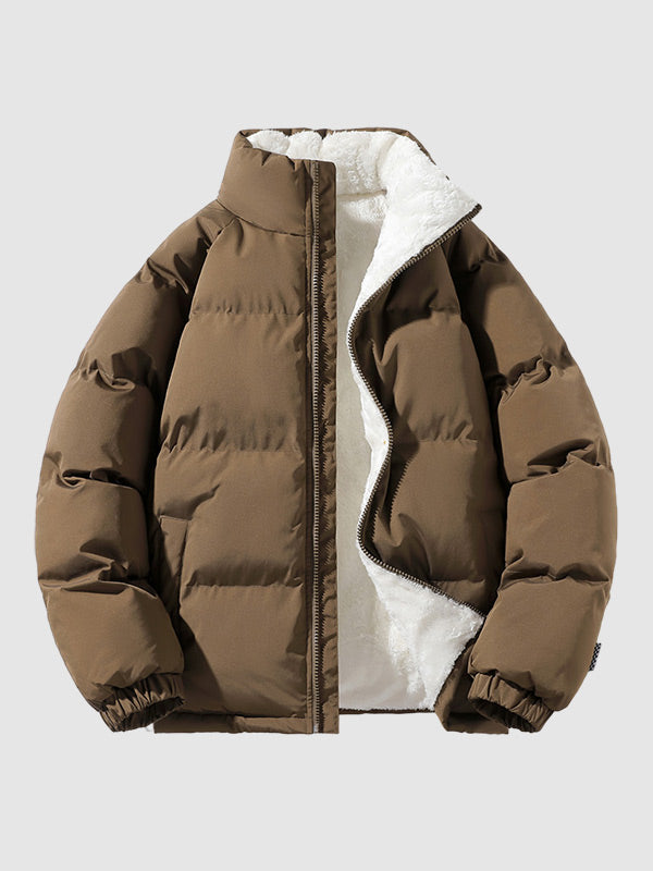 Woman wearing a fleece lined puffer jacket